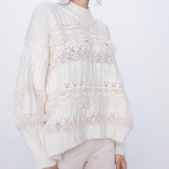 Lace sweater knit creamy white long sleeve top - Picture 5 of 9